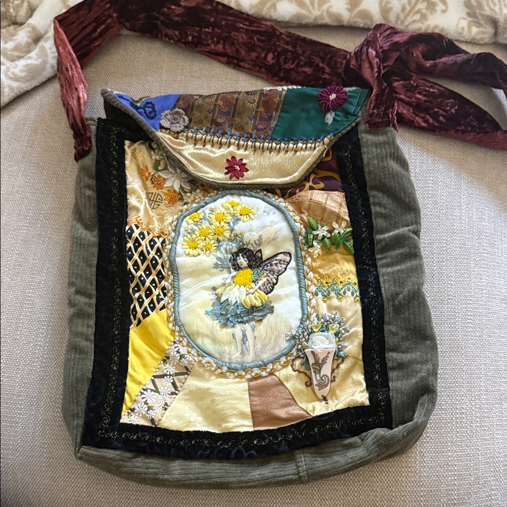 Bohemian Embroidered Fairy Patchwork Crossbody Bag in Green and Gold